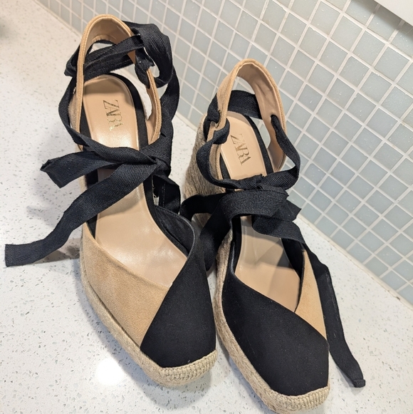 Zara Espadrille Wedge Sandals Black Tan Ankle Tie Wrap Platform Heels - Picture 6 of 14